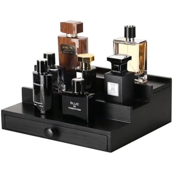 Black Wooden Cologne Organizer for Men - 3 Tier Wooden Perfume Display Stand with Drawer and Hidden Compartment for Organizing and Storing, Cologne Holder Shelf for Dresser