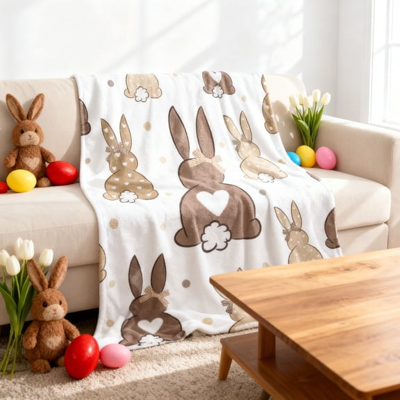 Easter Blanket, Bunny Print Throw Blanket, Modern Farmhouse Holiday Throw, Spring Seasonal Decorative Blanket for Sofa Bed and Living Room