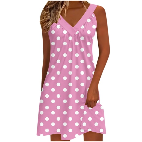 Ruimatai Women's Casual V-Neck Polka Dot Dress with Elastic Waist Flattering Sleeveless Maxi Dress