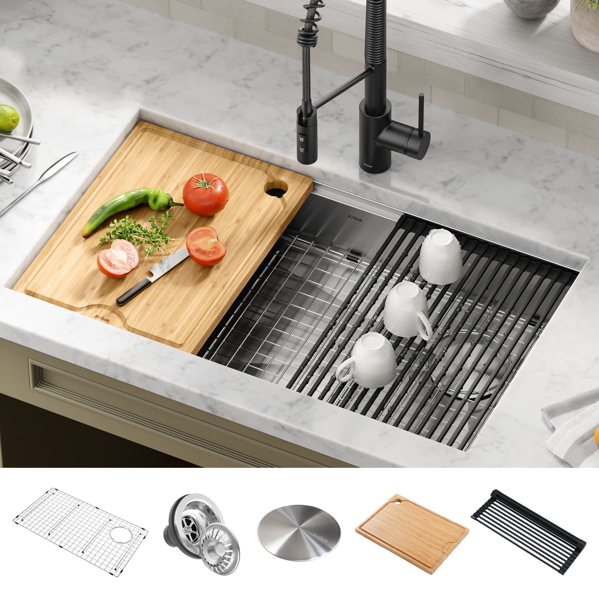 Kraus Kore ADA Workstation 32 Undermount 16 Gauge Stainless Steel Single Bowl Kitchen Sink with Accessories