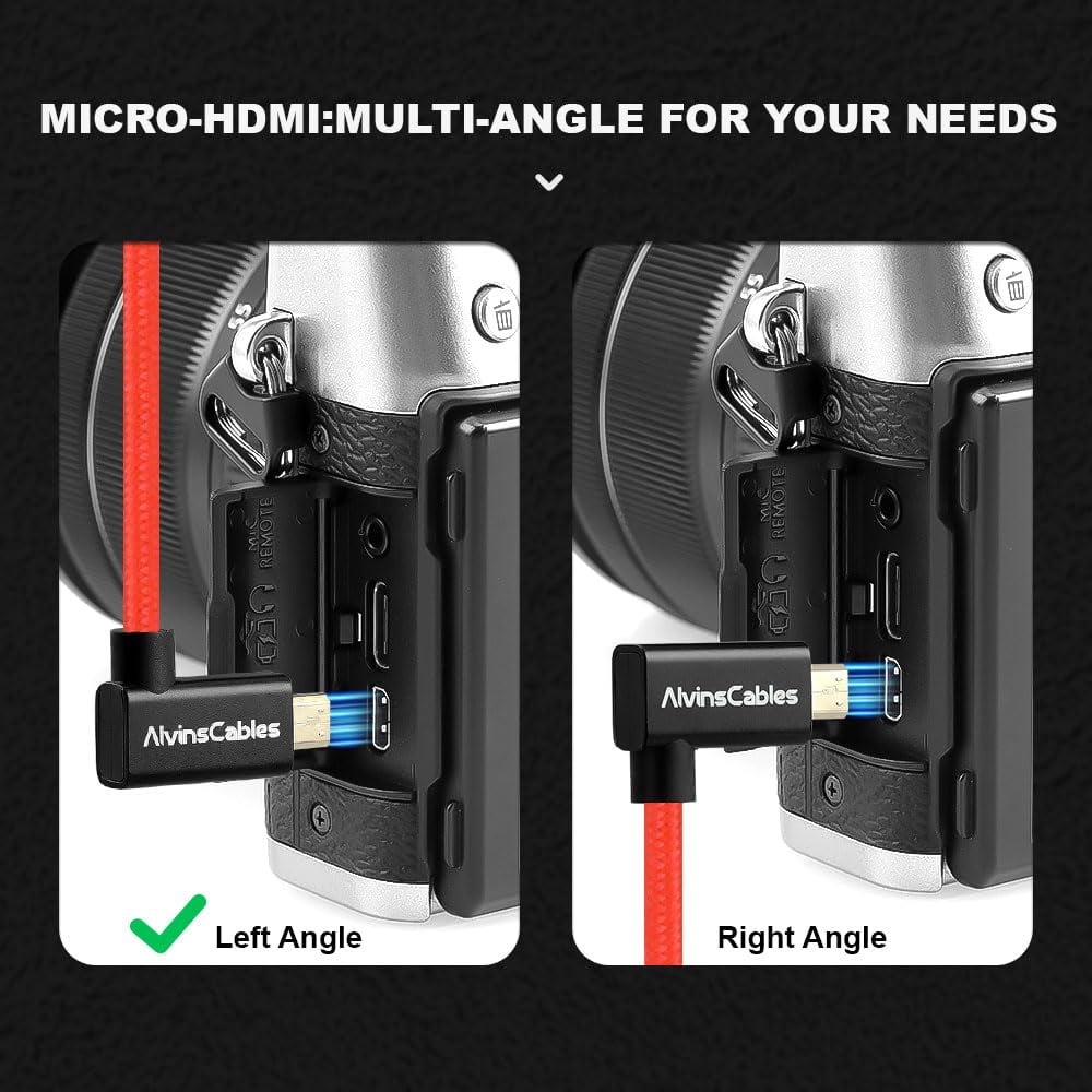 Alvin's Cables Left Angle Micro HDMI to HDMI Cable 8K@60Hz 4K@120Hz, Braided Coiled HDMI 2.1 for Sony A7RIII/A7II/A7M3, Canon R5/M6, Fujifilm X-T4/X-T3, GoPro, Nikon - Red Ultra Durable
