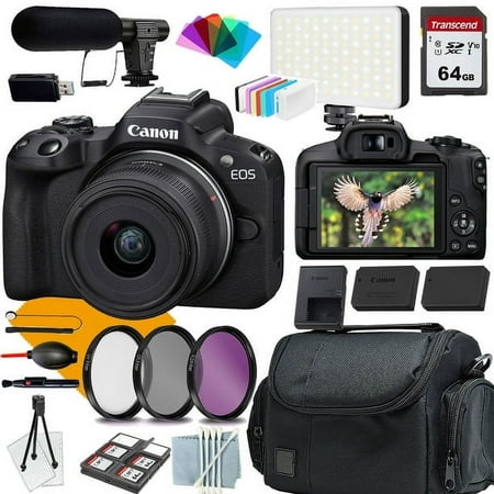 Canon EOS R50 Camera with Canon EF-M 18-45mm Lens COMMANDER Starter Kit Lens Filters CASE 64GB Memory Card Extra Battery 18PC Bundle