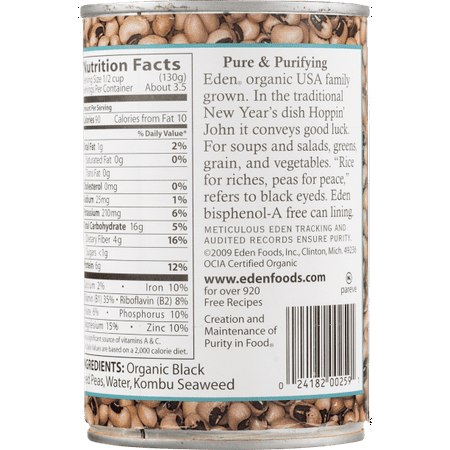 Eden Organic Black Eyed Peas, No Salt Added, 15 Ounce Cans