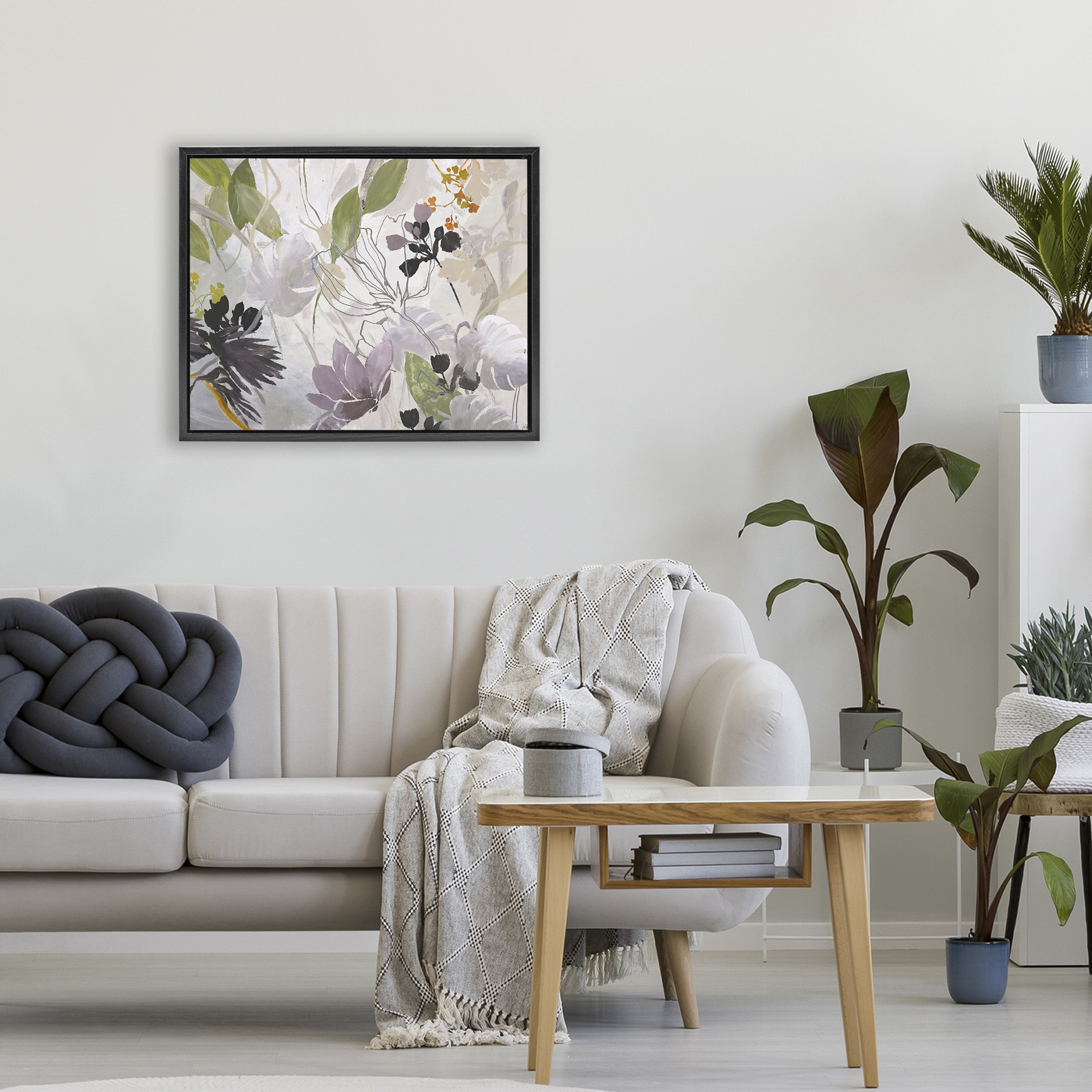 Soft Spring Organic Flora Black Framed Floater Canvas Wall Art, design by Design Fabrikken