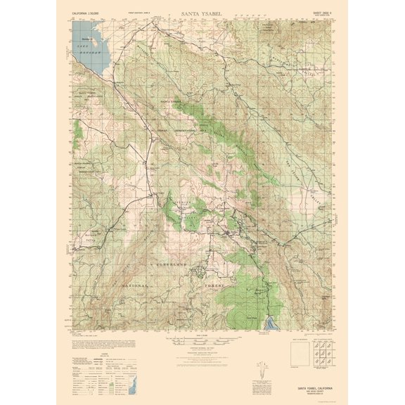 Topographical Map - Santa Ysabel Sheet - US Army 1943 - Vintage Wall Art