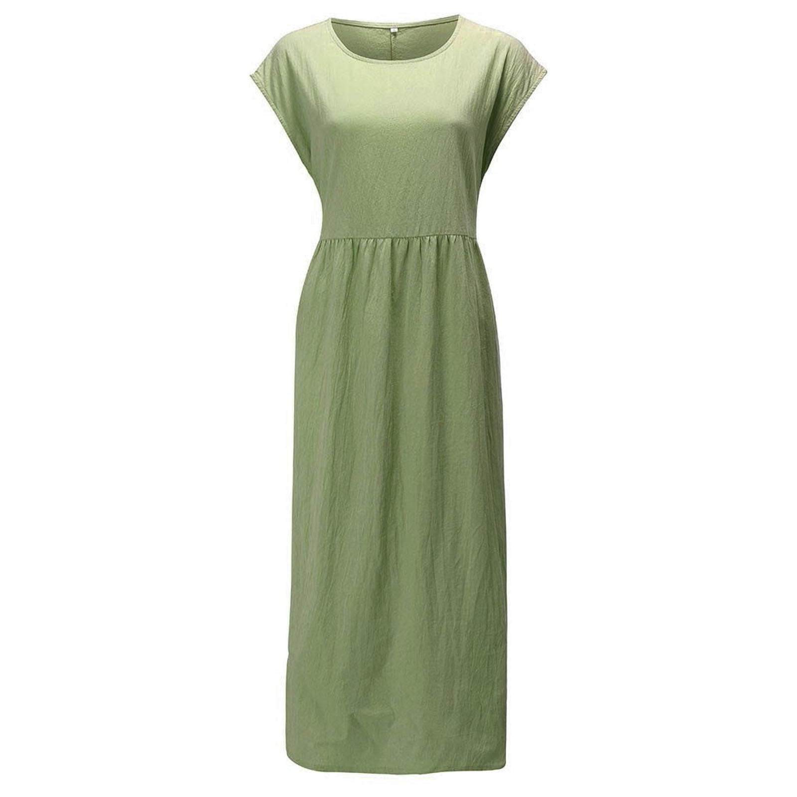 Women's Solid Sleeveless O-neck Maxi Pockets Linen Loose Baggy Kaftan Long Dress