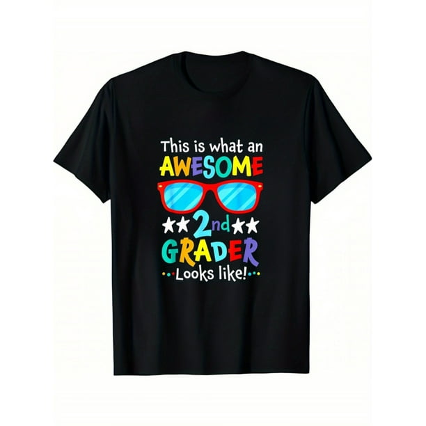 Awesome 2nd Grader" Boys' T-Shirt - Colorful Fashion Glasses & Stars Design, 100% Cotton, Casual Short Sleeve Crew Neck Top for Summer