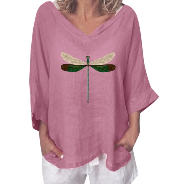 T-Shirt pour Femmes Col Rond en V Décontracté en Coton Chandail Hauts Libellules T-Shirt pour Dames Haut