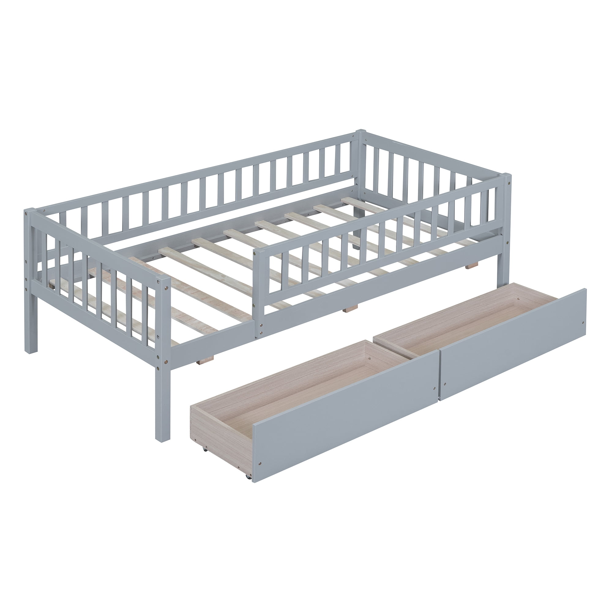 Holaki Twin Size Wood Bed with Guardrails and 2 Storage Drawers for Kids, Gray