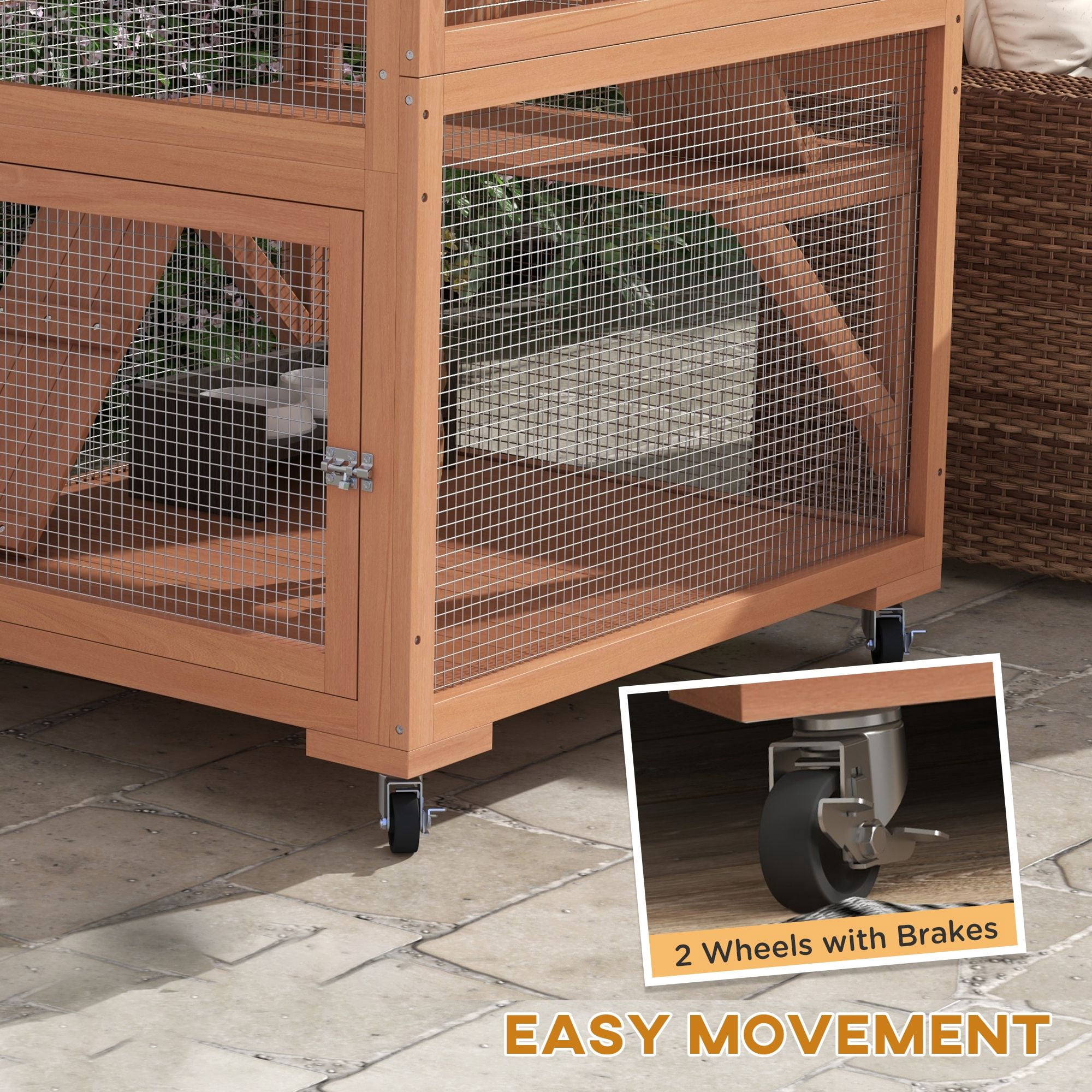 PawHut Outdoor Catio Enclosure, Fir Wood Cat Cage with Hammock, Ramps & Sleeping Box, Mobile Catio on Wheels for Patio or Yard, 33.75"L x 31.5"W x 66"H, Orange