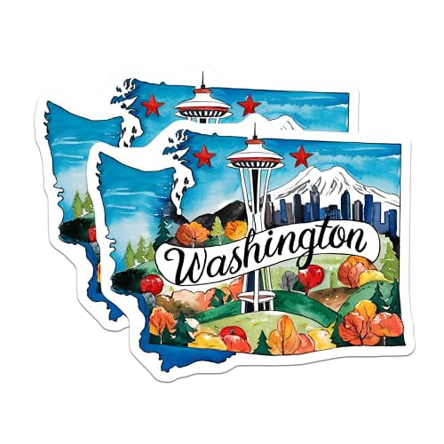(2 Pack) Washington Magnets - State Map Decor - Seattle Skyline - Northwest Souvenir - 5" On Longest Side - for Cars, Fridges, Toolboxes - Made in USA - MAG6278