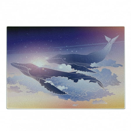 

Whale Cutting Board Whales Flying Dreamy Night Sky with Clouds Fantasy Aquatic Design Decorative Tempered Glass Cutting and Serving Board Small Size Peach Lilac Dark Blue by Ambesonne