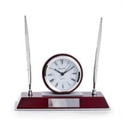 Bey-Berk International  Dresden Lacquered Quartz Desk Clock with Chrome & Stainless Steel Accents, 2 Pens - Rosewood & Chrome