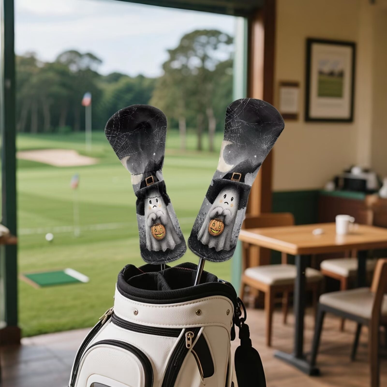 Uorisanigo Golf Club Head Covers 3-Pack Halloween Ghost Headcovers PU Leather Driver Headcover, Golf Hybrid Headcover, Fairway Wood Head Cover, Waterproof & Double Elastic Band