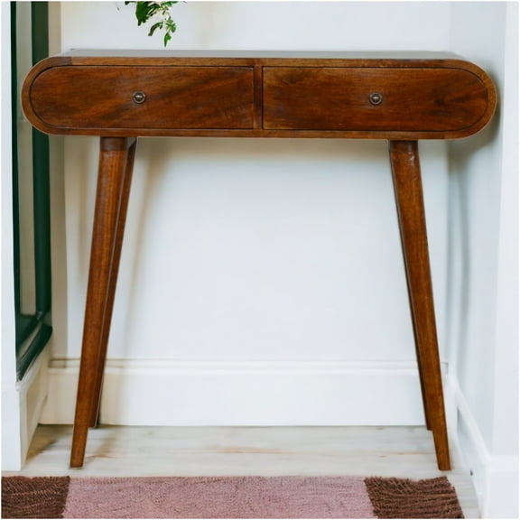 JERFIT Chestnut Console Table with 2 Drawers, Solid Wood Entryway Table, Nordic Modern Hallway Sofa Table for Living Room, Bedroom