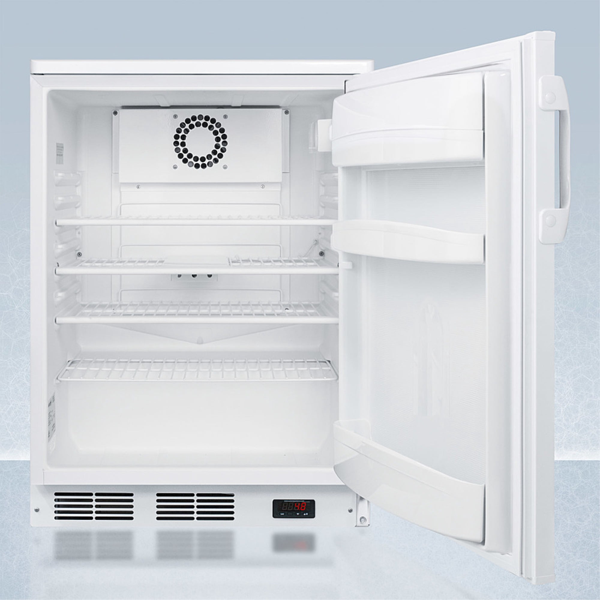 24" wide built-in all-refrigerator in white, auto defrost with a lock, NIST calibrated thermometer, digital thermostat, door storage, and internal fan