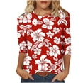 thumbnail image 2 of Craaazy Women's Spring/Summer Hawaiian Print Loose Casual Round Neck 3/4 Sleeve T-Shirts Gifts, 2 of 6