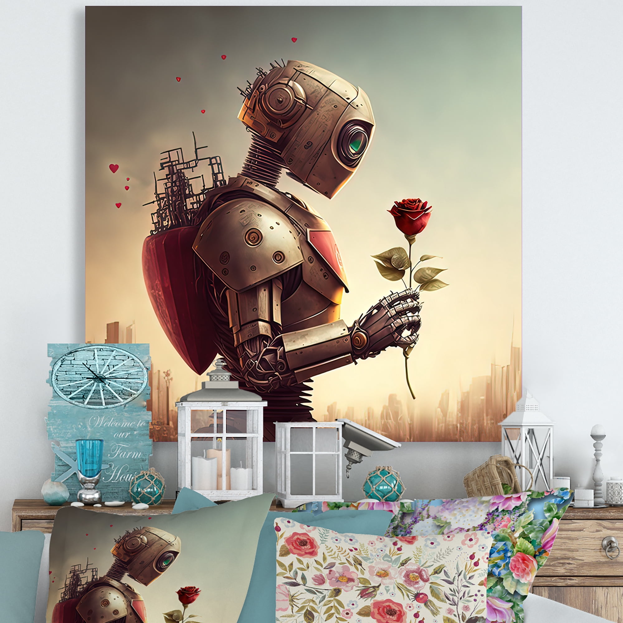 Designart Robot In Love At Valentines Day I Canvas Wall Art
