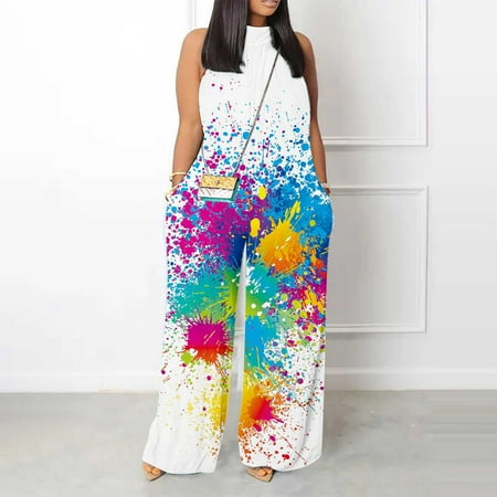 

Jmntiy Women Print Jumpsuit Pajamas Casual Buttons Pocket Sleeveless Wide Leg Long Pants Women Rompers Clearance