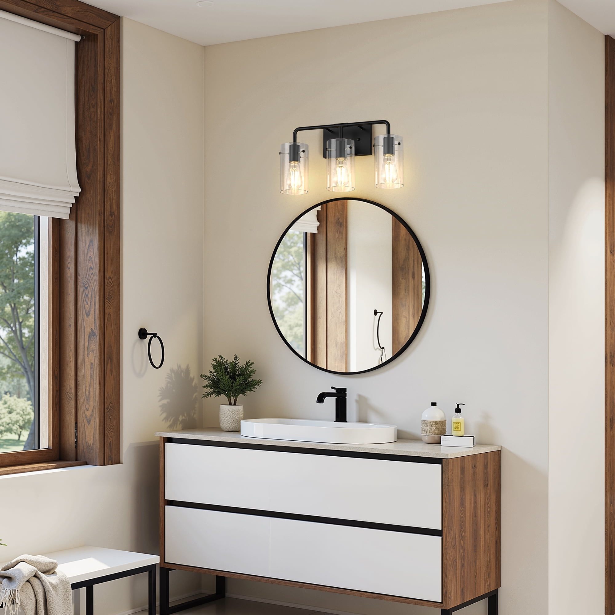 YANSUN Bathroom Vanity Light Fixture, 18 in 3-Light Black Metal Bathroom Light Fixtures Over Mirror, with Clear Glass Shade, Modern Farmhouse Vanity Lights, Rustic Restroom Lighting Fixtures