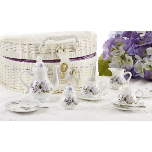 Delton Porcelain Tea Set in Basket, Purple Glory