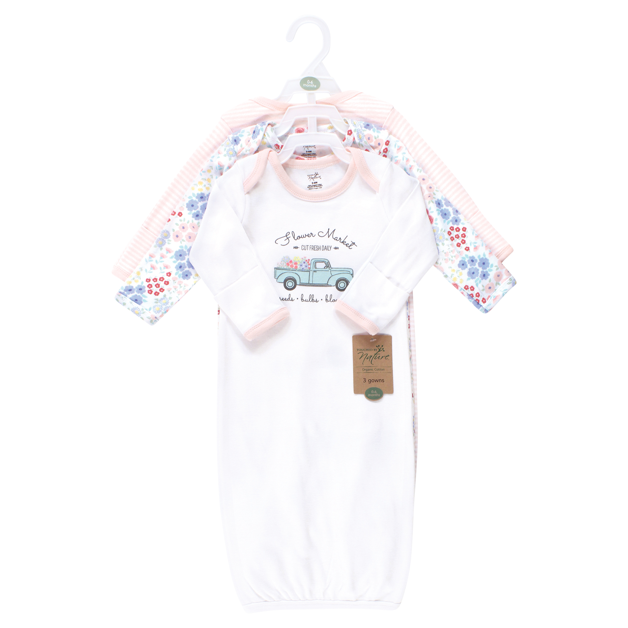 Touched by Nature Baby Girls Organic Cotton Gowns, Flower Market, 0-6 Months