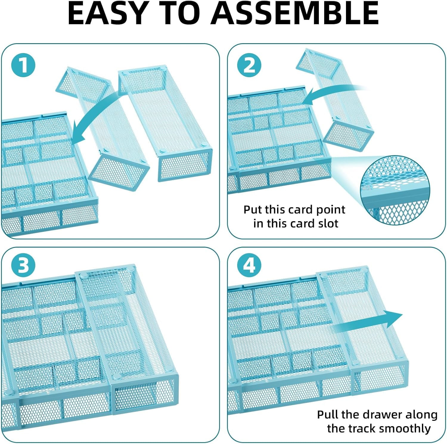 Expandable Desk Drawer Organizer, Mesh Drawer Organizer Tray with 10 Adjustable Compartments, Desk Organizers and Accessories for Office Supplies, Makeup & Vanity (Expandable-Blue 2 pack)