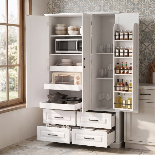 72-Inch Kitchen Pantry Cabinet with 3 Pull-Out Trays, Farmhouse Embossed Wood Grain Storage Cabinet with 5 Door Racks, Rustic Freestanding Cupboard for Home Kitchen and Dining Room, White