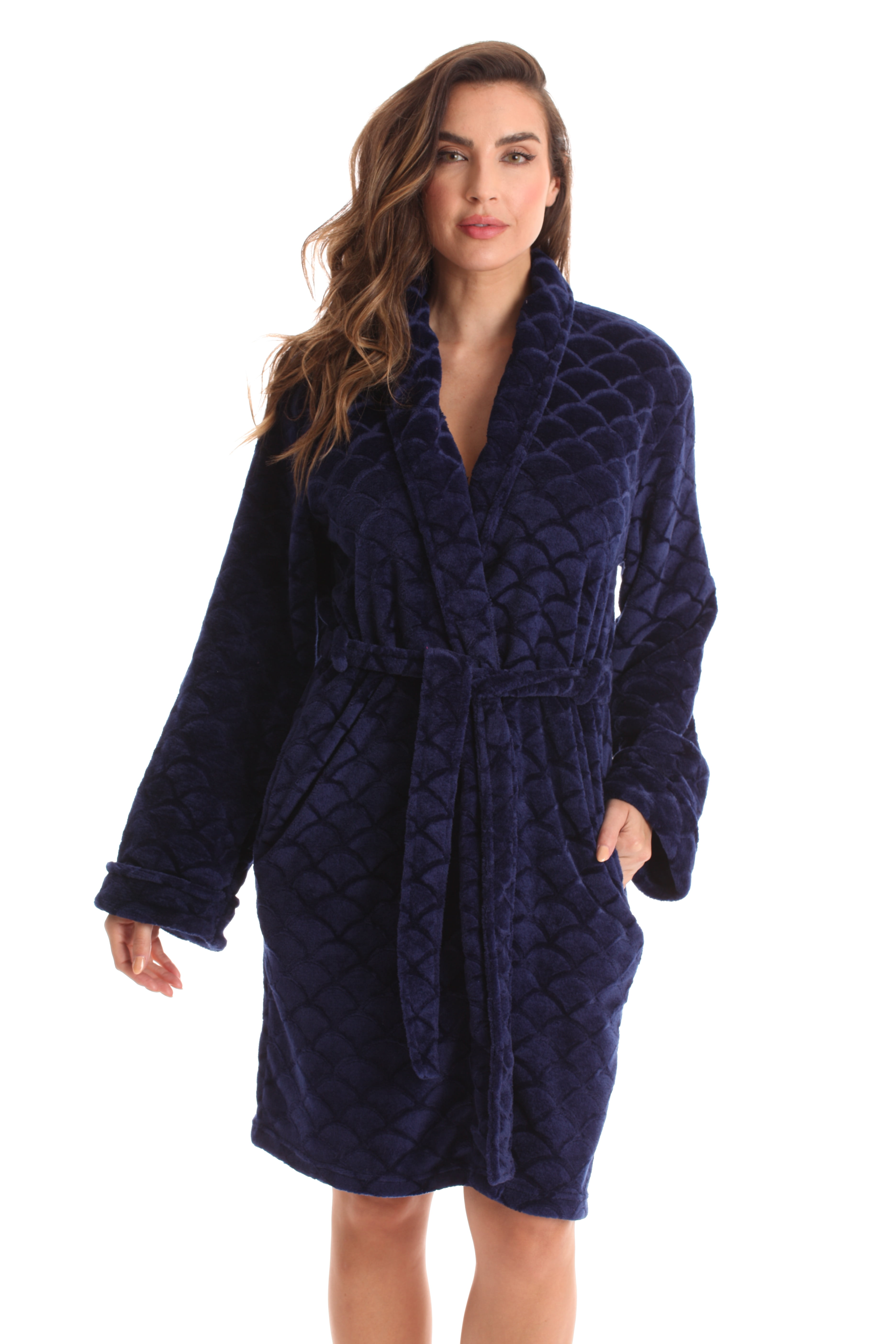 Just Love - Just Love Scalloped Textured Velour Bath Robe (Navy, 3X ...