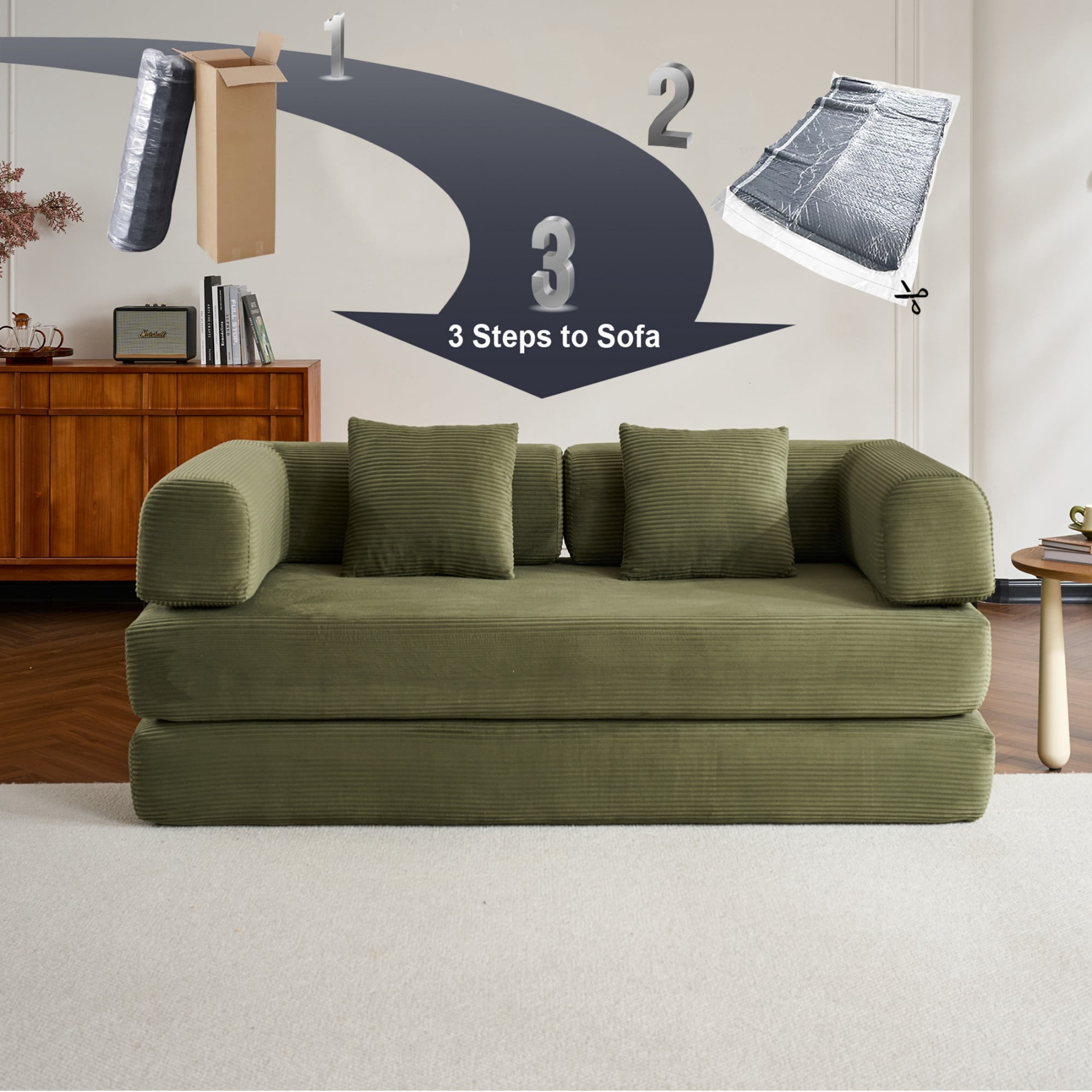 BSHTI 77" Corduroy Convertible Sleeper Sofa Bed with Cylindrical Pillow, No Assembly, Small Space for Living Room（Green）