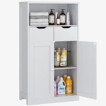 Walsunny Bathroom Storage Cabinet, Freestanding Pantry Cabinet with 2 Drawers and Adjustable Shelves, Wooden Floor Storage Organizer for Bathroom, Living Room, Kitchen, Entryway, Farmhouse, White