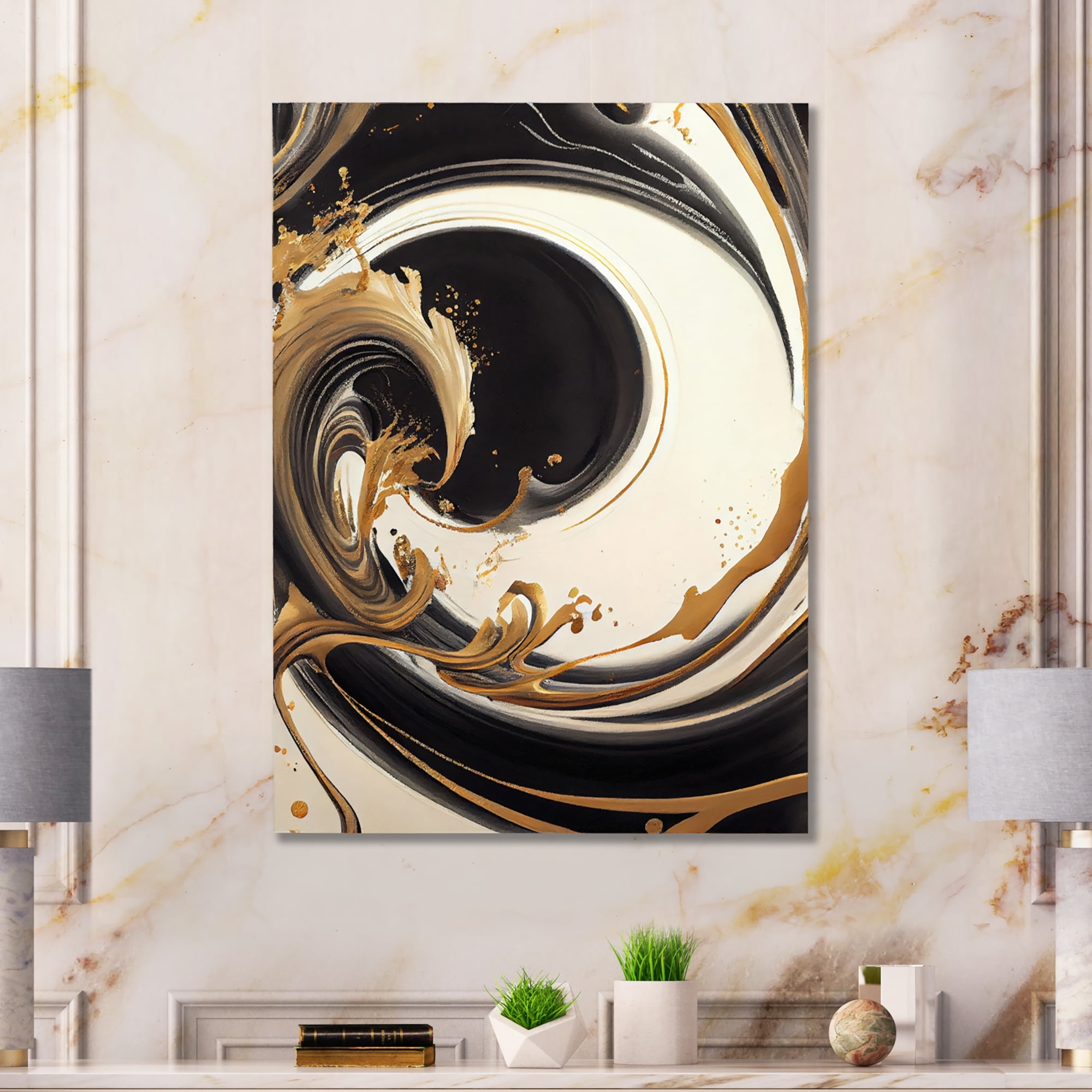 Designart Black And Gold Swirl V Canvas Wall Art