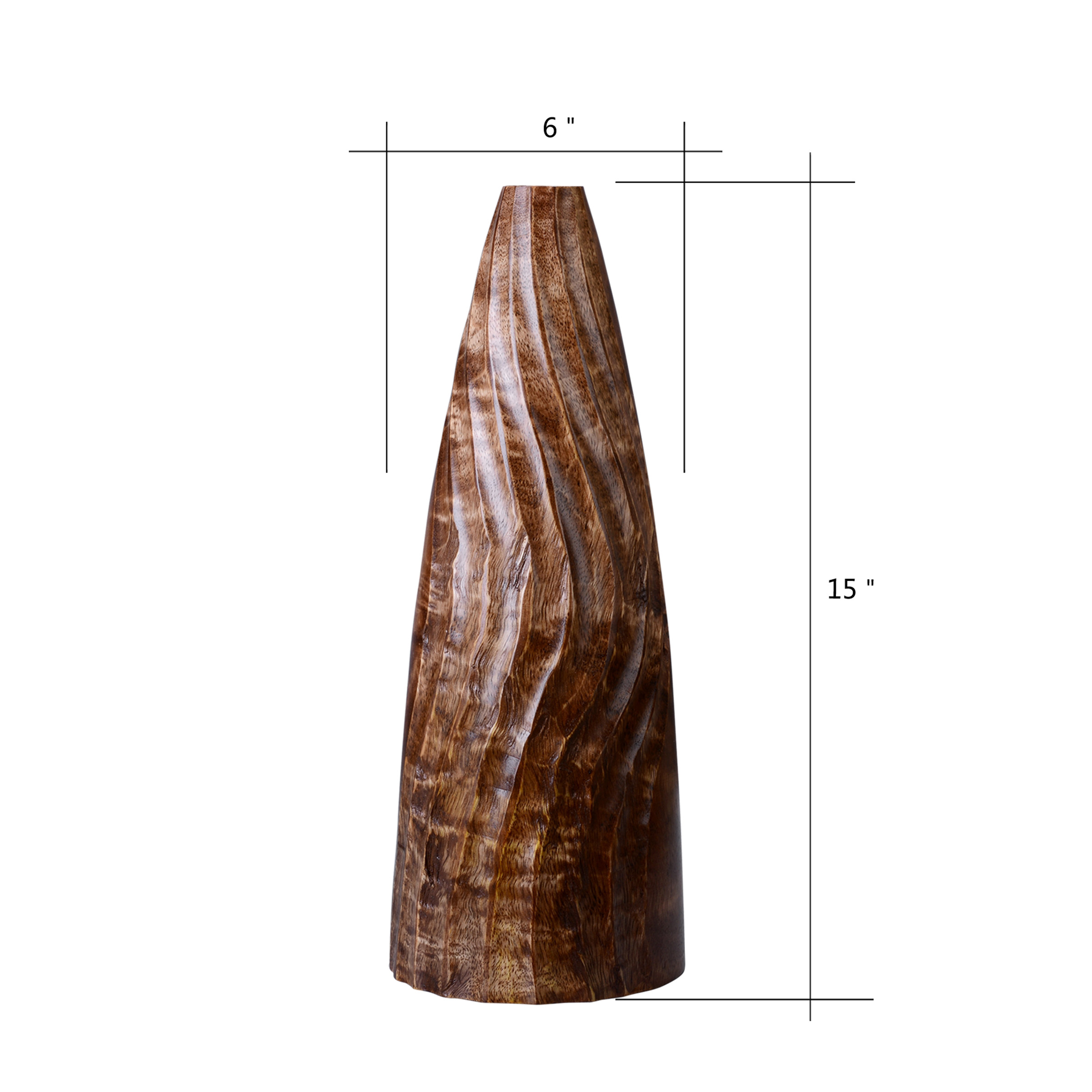 Villacera Handmade 15? Tall Brown Tapered Mango Wood Vase | Decorative Wave Carved Cylinder Vases | Eco-Friendly and Sustainable Wood