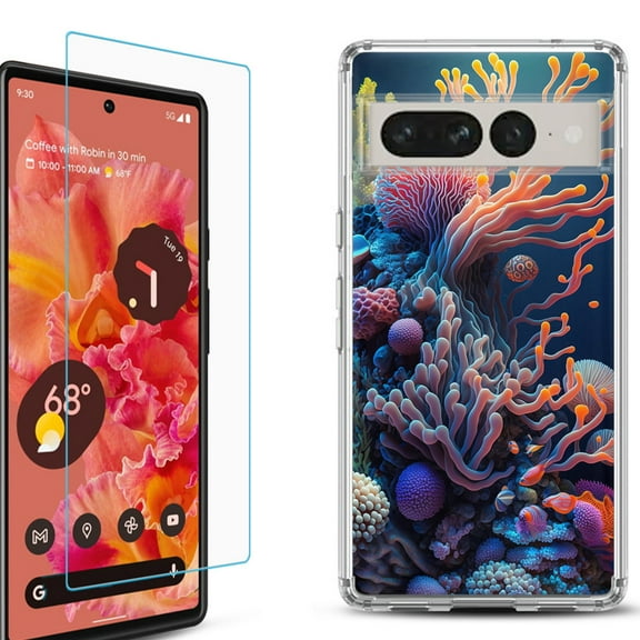 Shockproof Bumper Phone Case for Google Pixel 7, with Tempered Glass Screen Protector, by OneToughShield ® - Coral