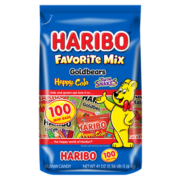 HARIBO Favorite Mix Assorted Flavor and Shape Gummy Candy Mini Pouches, 41.9oz, 100ct