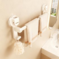 No-Drill Suction Cup Towel Bar | Single Bar Rack with Shelf & Hooks | Damage-Free Bathroom & Kitchen Organizer | 1-Pack