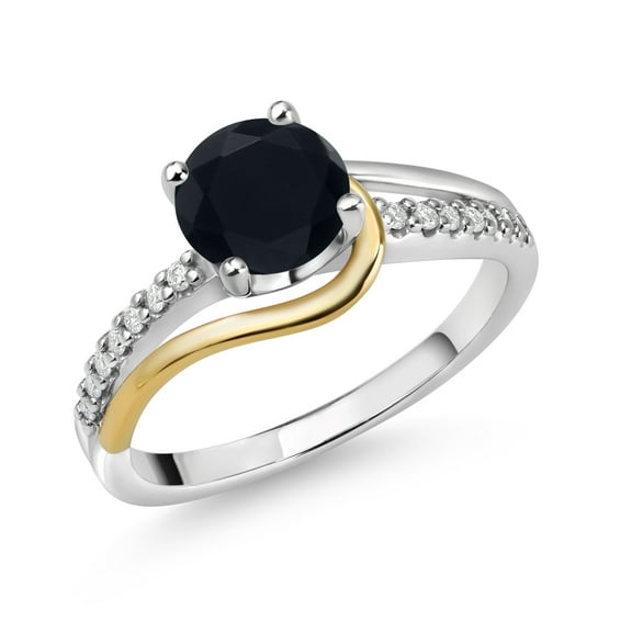 Gem Stone King 925 Sterling Silver and 10K Yellow Gold Round Black Onyx and White Moissanite Engagement Ring for Women (1.39 Cttw, Round 7MM, Size 5)