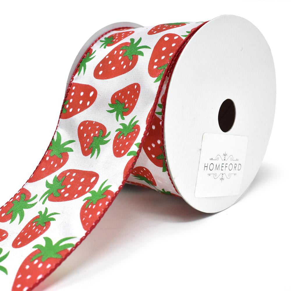 Wired Ribbon * Strawberries * White, Red, Green and Yellow on Canvas * 2.5  x 10 Yards * RGA118427