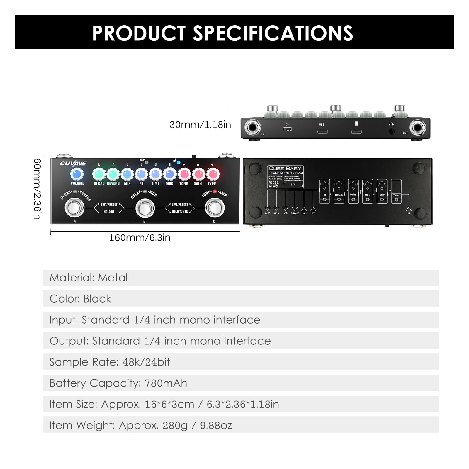 Aibecy Portable Electric Guitar Effect Pedal CUVAVE CUBE BABY with Wireless Playback Recording Multifunctional Audio Type-C Interface
