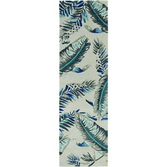 3' x 5' Grey or Blue Tropical Leaves Wool Area Rug