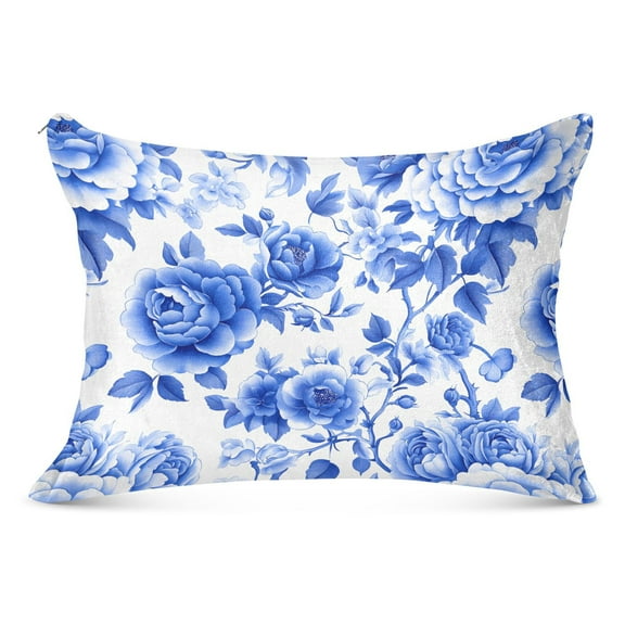 Plush Pillow Cases Standard Size Ultra Soft Warm Pillowcases with Zipper Blue White Porcelain with Roses 20"x26"