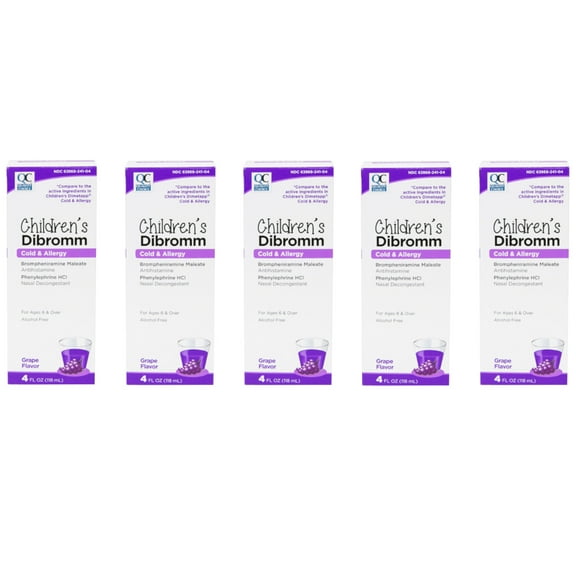 5 Pack - Quality Choice Children's Dibromm Cold & Allergy Liquid Grape 4 fl oz Each