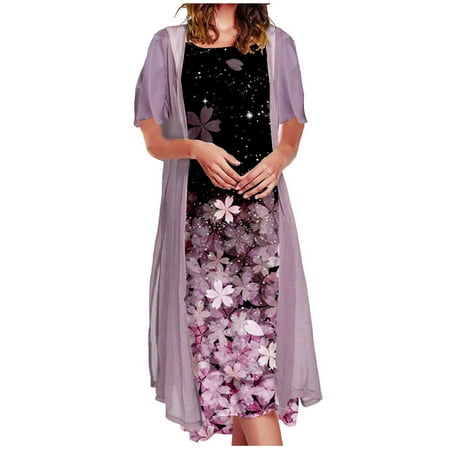 

Black and Friday/Cyber·Monday Deals asdoklhq Maternity Dress Women Casual Floral Print Sleeveles Dress Solid Chiffon Two-Piece Set