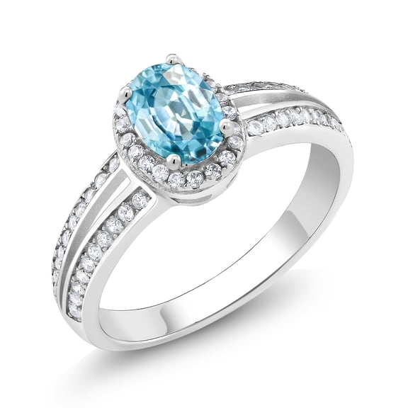 Gem Stone King 925 Sterling Silver Blue Zircon Engagement Ring for Women | 1.85 Cttw | Oval 7X5MM | Gemstone Birthstone | Size 7