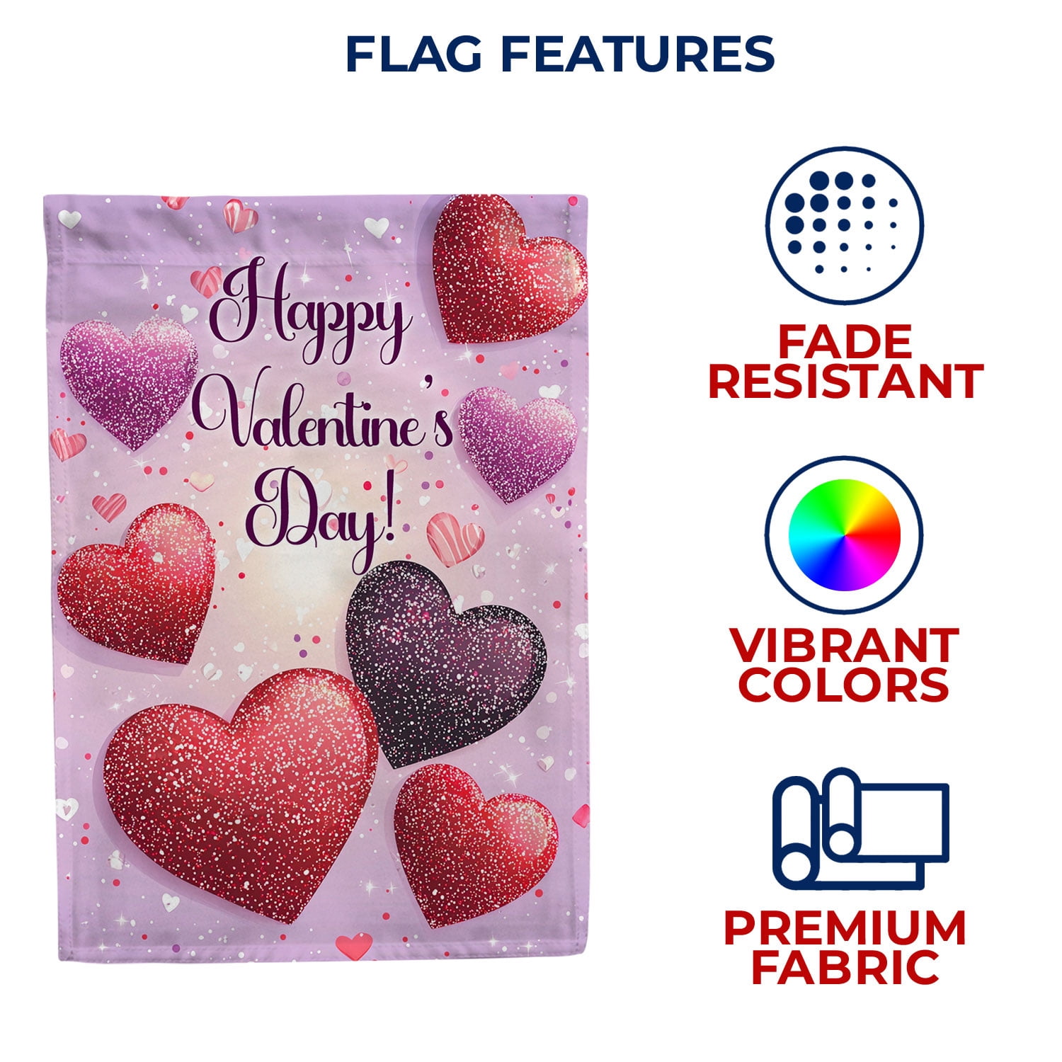 America Forever Happy Valentine's Day House Flag, 28 x 40 inch Double Sided, Glitter Hearts Red Pink Purple, Valentine's Day Seasonal Outdoor Decor, Love Hearts Flag