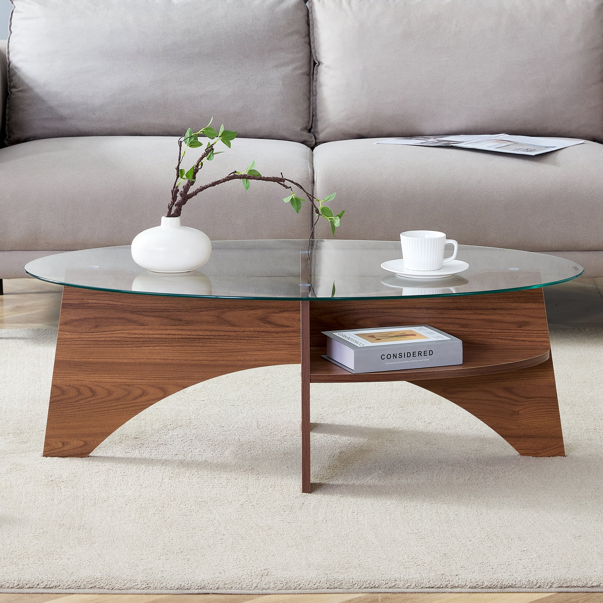 Oval Tempered Glass Coffee Table, 41.3"x23.6"