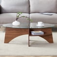 thumbnail image 3 of Noble House 41.3" Oval Glass Coffee Table,Fan-Shaped Bracket & Storage Layer,Walnut, 3 of 10