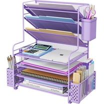 7 Tier Desk File Organizer, Letter Tray Paper Organizer with Pen Holder and Metal Hanging Basket, Purple