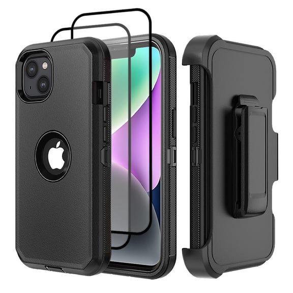 Hotpom for iPhone 15 Plus phone Case with 2 Pack Screen Protector Heavy Duty Shockproof Drop Proof Protection with Black Belt Clip, Black/ Black