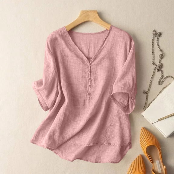 Embroidered Linen Shirts for Women Cotton Gauze Shirt Summer Boho Retro 3/4 Sleeve Dressy Casual Peasant Blouses Pink L
